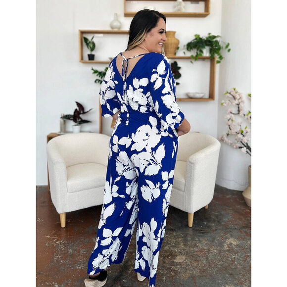 Double Take Full Size Printed Tie Back Wide Leg Jumpsuit - Picture 11 of 15